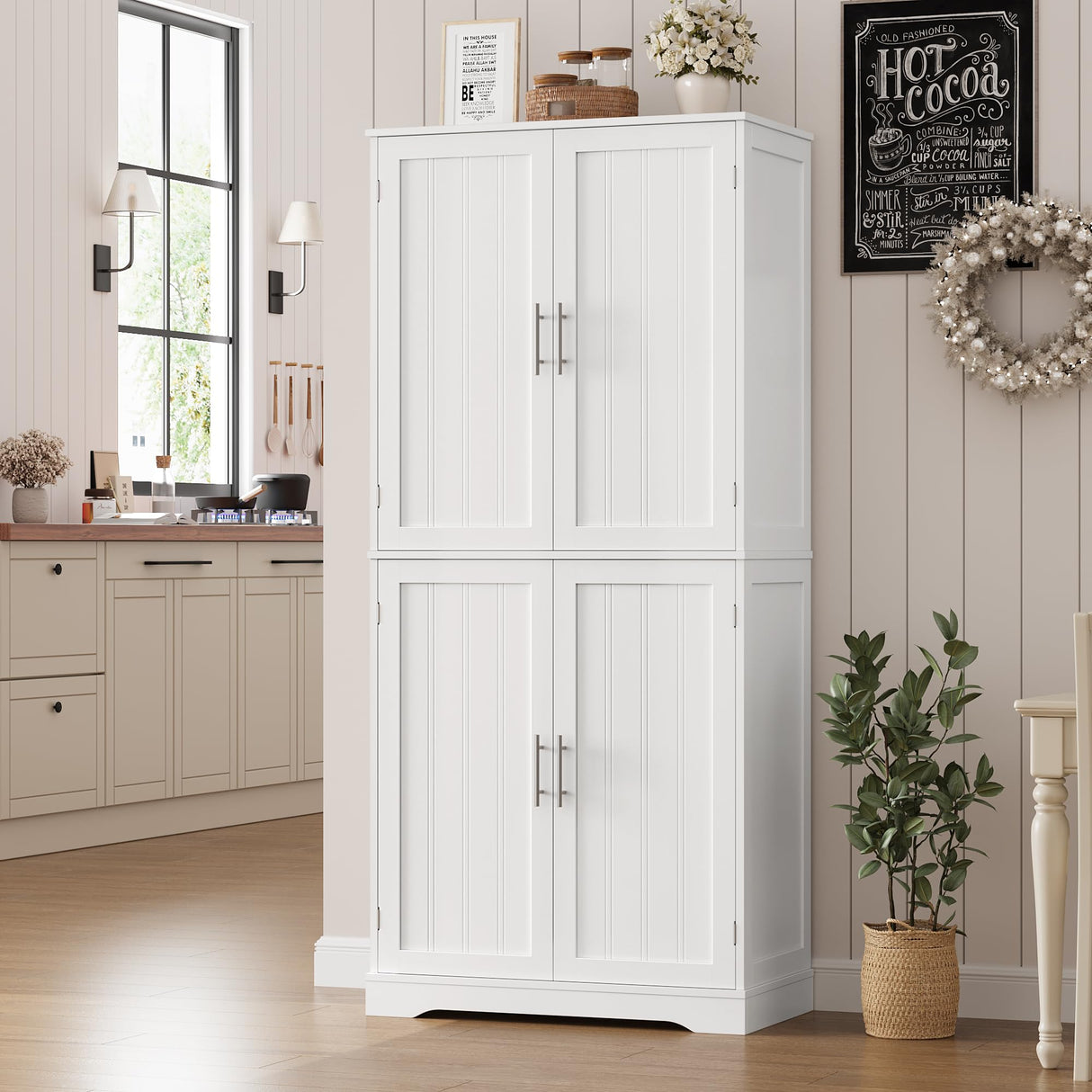 HITHOS 71.3" Tall Kitchen Pantry Storage Cabinet, Modern Hutch Cabinet with Storage Shelves, Food Pantry Cabinet with Storage & Silver Handle, Freestanding Cupboard for Dining Room, Living Room, White HITHOS