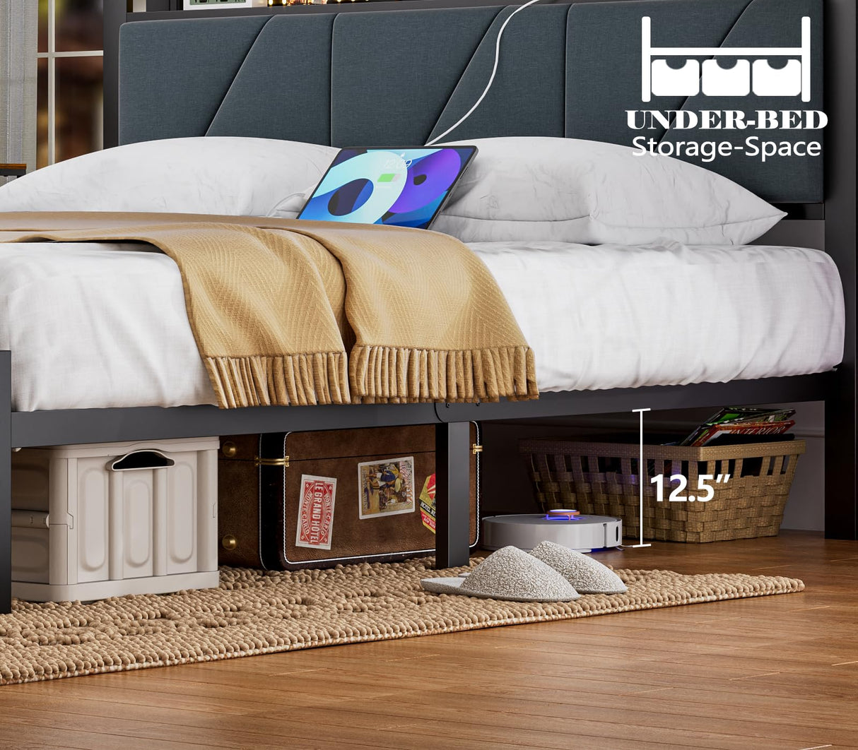 Furnulem Full Bed Frame with LED Lights,Headboard with Charging Station and USB Port,Upholstered Platform Bedframe Metal Support,No Box Spring Needed (Full) Furnulem