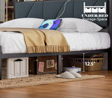 Furnulem Full Bed Frame with LED Lights,Headboard with Charging Station and USB Port,Upholstered Platform Bedframe Metal Support,No Box Spring Needed (Full) Furnulem