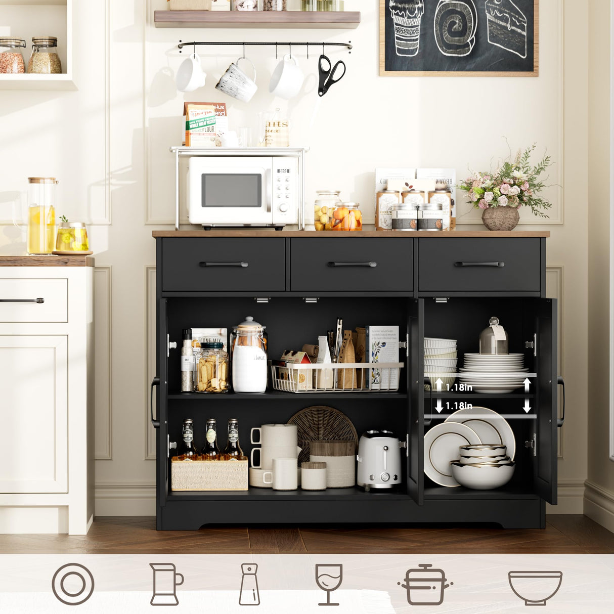 HOSTACK Modern Farmhouse Buffet Sideboard Cabinet, Barn Doors Storage Cabinet with Drawers and Shelves, Wood Coffee Bar Cabinet with Storage for Dining Room, Kitchen, Living Room, Black/Rustic Brown HOSTACK