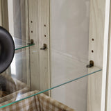 Curio Cabinet with Glass Doors Drawer, Lighted Display Cabinet with Adjustable Glass Shelves and Mirrored Back Panel, Retro Floor Standing Glass Storage Cabinet for Living Room, Antique White BAOMKONG