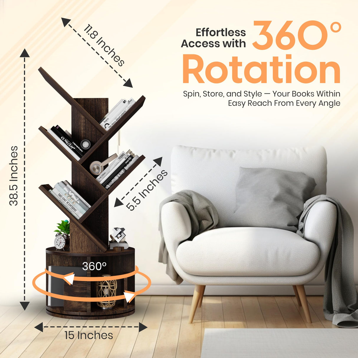 UniRodea Rotating Bookshelf Tree, 5 Tier Space Saving Narrow Bookcase, Unique 360° Spinning Tower, Premium Wood Corner Book Shelf for Kids or Office, Tall Standing Storage Organizer UniRodea