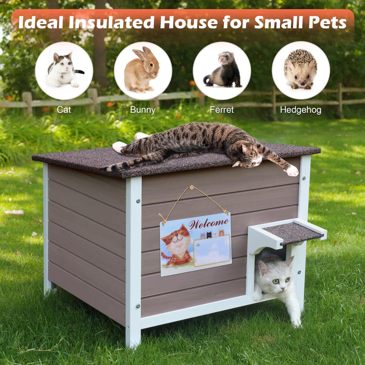 Deblue Insulated Cat Houses for Outdoor Cats, Weatherproof Feral Cat House with All-Round Foam, Wooden Cat Shelter for Multiple Cats - Grey Deblue