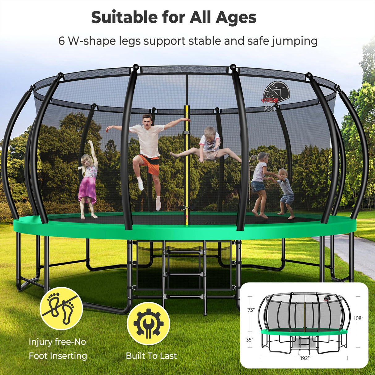Lyromix 16FT Outdoor Trampolines for Kids and Adults, Pumpkin Trampolin with Curved Poles, Recreational Trampolin with Basketball Hoop and Safety Enclosure Net for Kids and Adults Lyromix