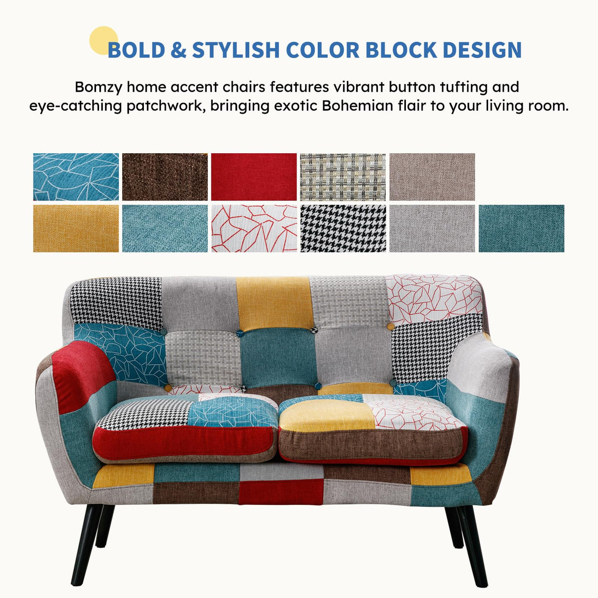 Bonzy Home Modern Boho Loveseat Couch Sofa Chair for Living Room Bedroom, Upholstered Colorful Plaid Fabric 2-Seat Love Seat Sofa with Wood Leg for Small Space, One Loveseat Bonzy Home