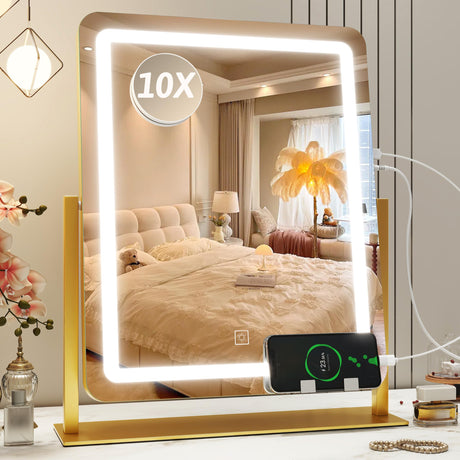 ROLOVE Vanity Mirror with Lights, 22"x18" LED Makeup Mirror with 10X Magnification and USB Charging Port, Smart Touch 3 Colors Dimmable, Light Up Mirror for Makeup Desk, 360° Rotation, Gold ROLOVE