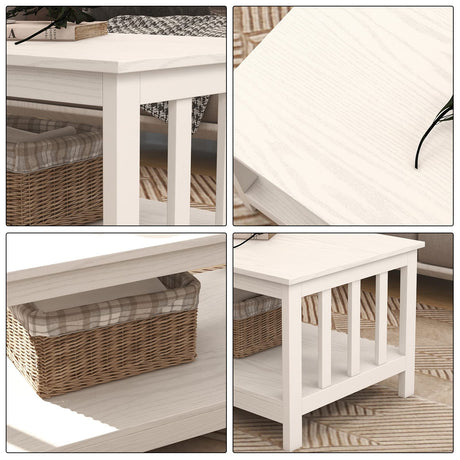 ChooChoo Farmhouse Coffee Table, Pure White Living Room Table with Shelf, 40 Inch ChooChoo