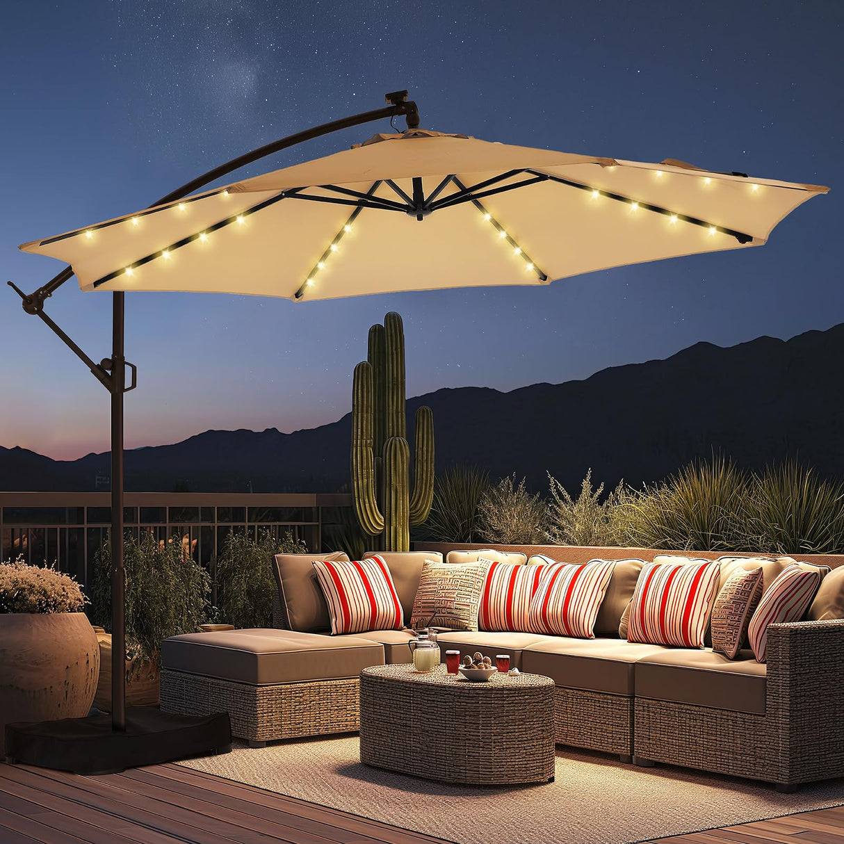HOMSHADE 10ft Solar Lights Offset Cantilever Patio Umbrella - with Light and Base, LED Lighted Offset Hanging Patio Outdoor Market Umbrella UPF50+ UV Protection with Easy Tilt and Crank (Beige) HOMSHADE