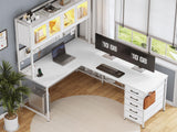 SEDETA L Shaped Gaming Desk with Drawers, L Shaped Computer Desk with Hutch and Storage Shelves, Gaming Desk with Pegboard, Led Lights, and Power Outlet, Home Office Desk, Corner Desk, White SEDETA