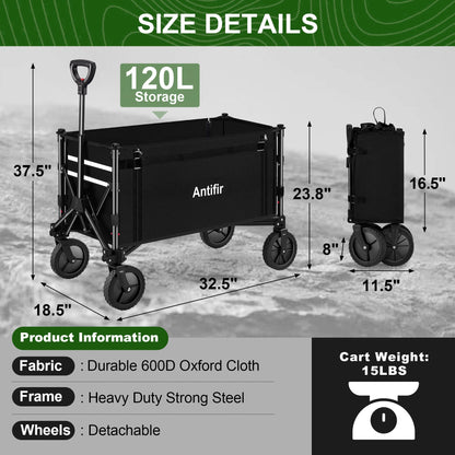 Antifir Collapsible Wagon with Large Capacity, Utility Wagons Carts Heavy Duty Foldable, Portable Folding Wagon with All-Terrain Wheels for Grocery Gardening Sports Shopping Fishing (Black) - WoodArtSupply