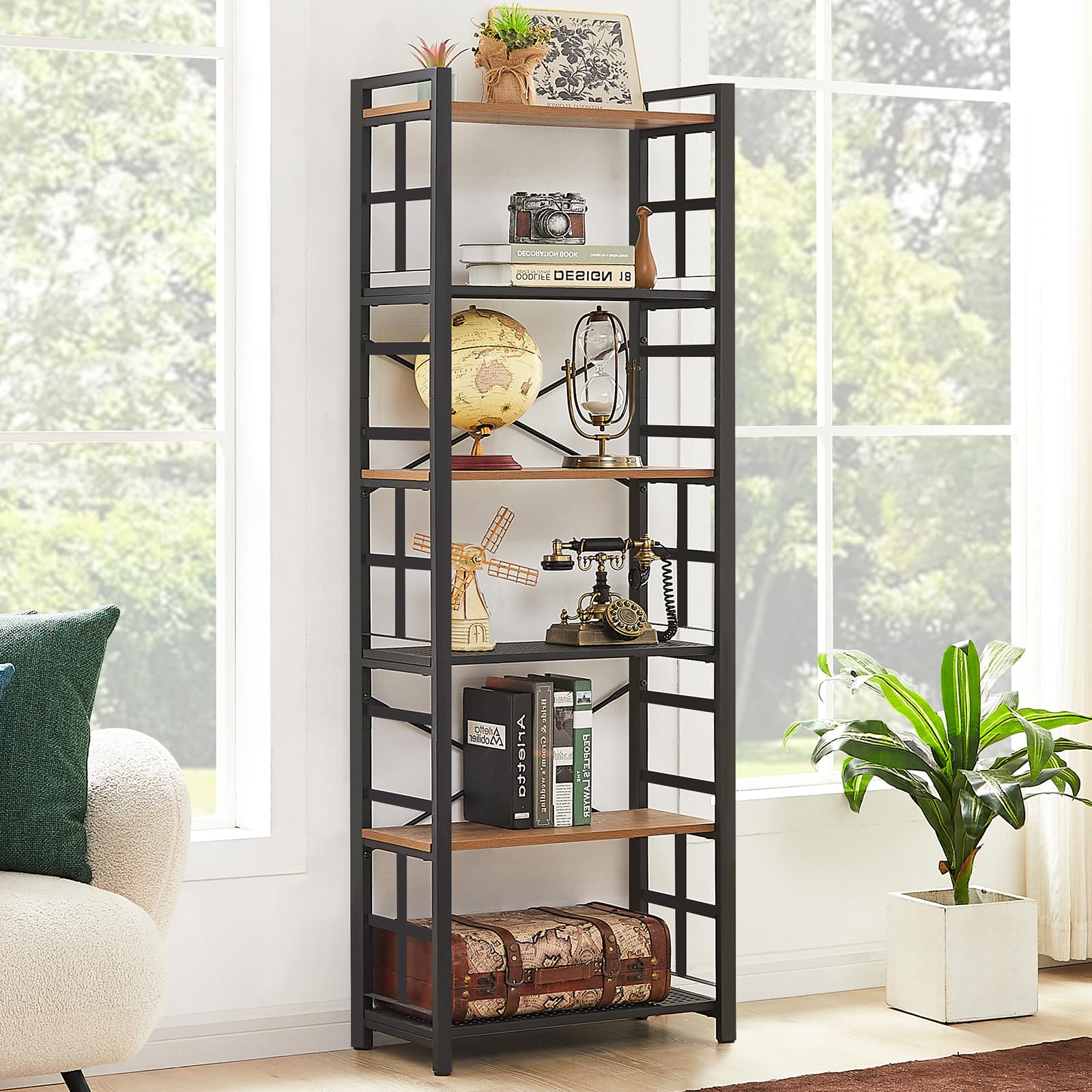 HOMBAZAAR 6-Tier Industrial Bookshelf with Metal Frame in Rustic Brown - WoodArtSupply