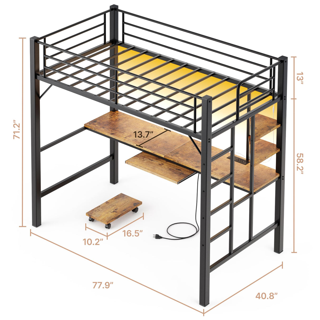 Gizoon Loft Bed Twin Size, Twin Loft Bed with Desk and LED Lights, Charging Sation & Storage Shelves, Heavy Duty Metal Bed Frames with Safety Guard & Ladder, No Box Spring Needed, Space-Saving, Brown Gizoon