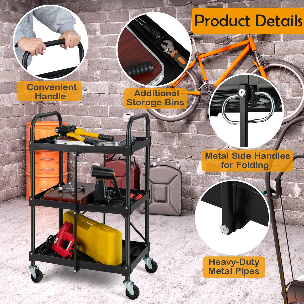 Nightcore Folding Utility Cart, 3-Tier Food Service Cart w/Lockable Wheels, 330LBS Capacity, Heavy-Duty Metal Frame Collapsible Utility Cart, Rolling Tool Cart for Home Garage WoodArtSupply