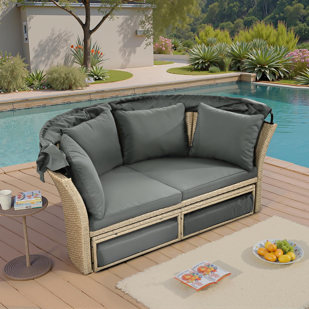 P PURLOVE Outdoor Canopy Bed Patio Daybed with 4 Pillows, Wicker Rattan Double Daybed Round Sofa Furniture Set with Retractable Canopy, 2-Person Outdoor Patio Bed for Lawn, Garden, Backyard (Grey) P PURLOVE