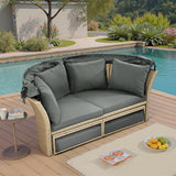 P PURLOVE Outdoor Canopy Bed Patio Daybed with 4 Pillows, Wicker Rattan Double Daybed Round Sofa Furniture Set with Retractable Canopy, 2-Person Outdoor Patio Bed for Lawn, Garden, Backyard (Grey) P PURLOVE