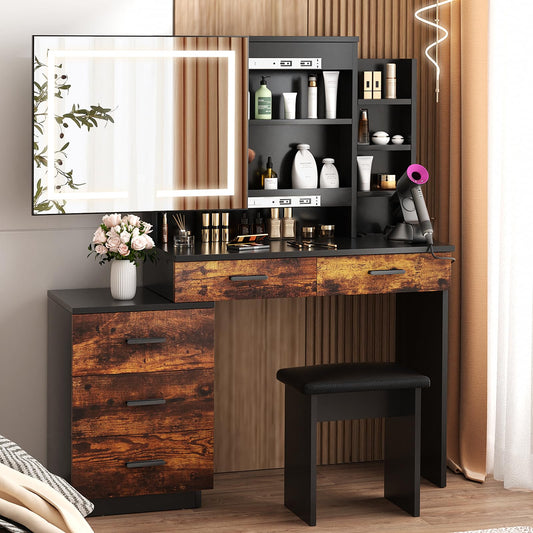 SMOOL 47" Vanity with Sliding Lighted Mirror, Makeup Vanity Desk with Power Outlet, 3 Color Lighting Modes Adjustable Brightness, Vanity Table Set with Movable 3-Drawer Chest and Shelves, Rustic