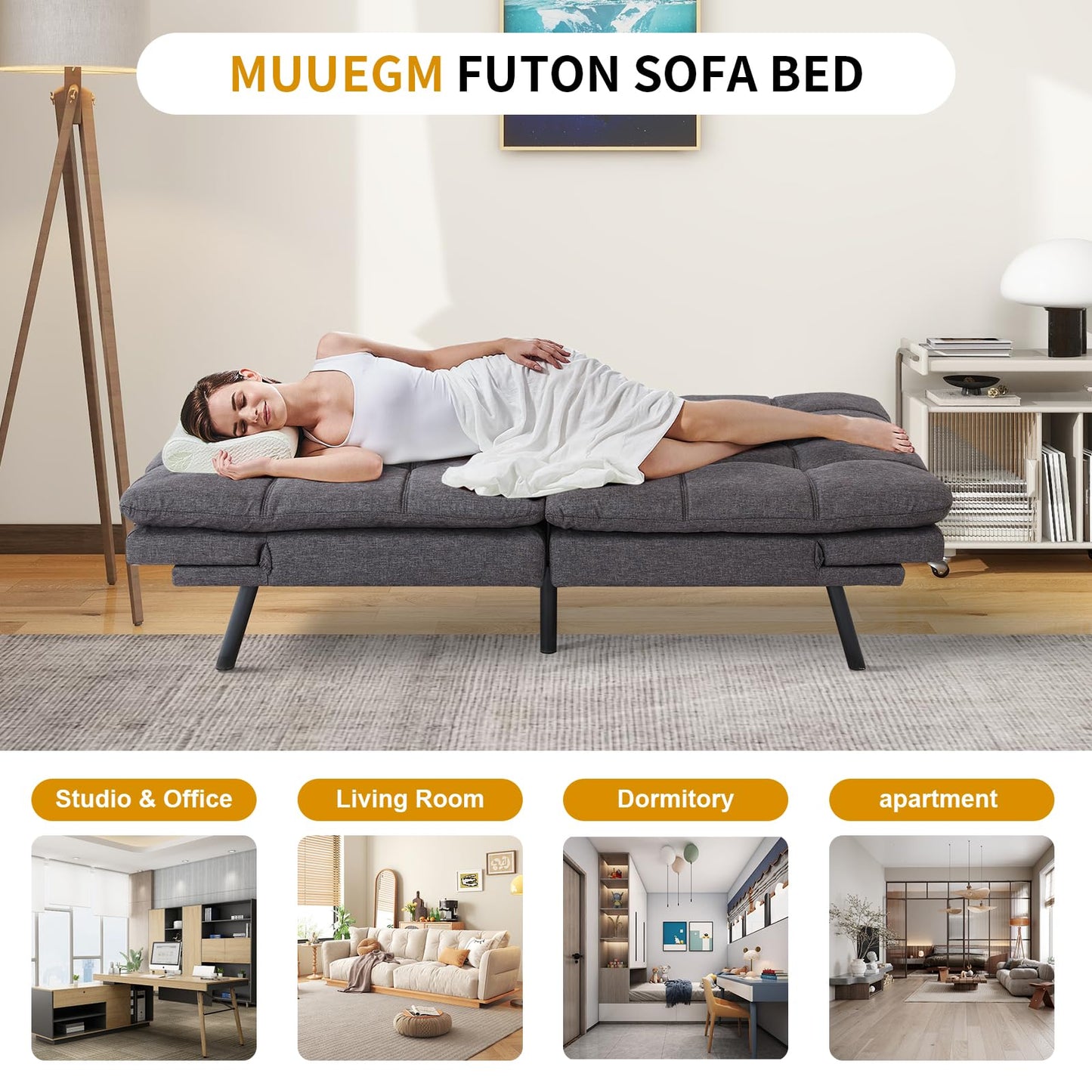 MUUEGM Futon Sofa Couch Bed, Convertible Memory Foam Futons Couch Bed, Adjustable Backrests Armrests Couch Bed Sleeper,Modern Love Seat Daybed Sofa for Living Room,Small Space,Office,71", Lin - WoodArtSupply