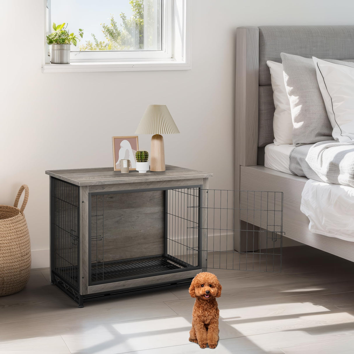 JY QAQA Dog Crate Furniture, Wooden Dog Crate Table, Double-Doors Dog Furniture, Indoor Dog Kennel, Dog House, Dog Cage/Grey/S JY QAQA PET