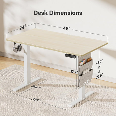 Marsail 48x24 Electric Standing Desk - Adjustable Height Computer Desk with Memory Presets, Storage Bag & Cable Management for Home Office & Gaming Workstations Marsail