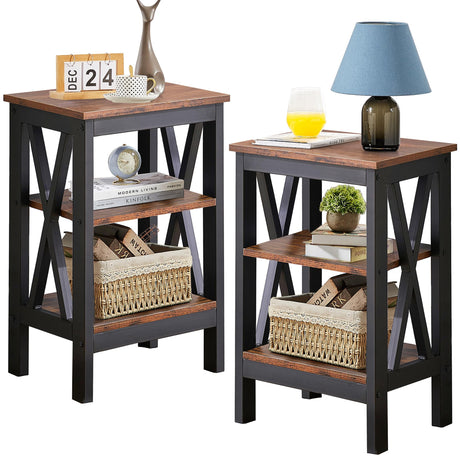 VECELO Modern Nightstands X-Design Side Night Stand with Storage Shelf for Bedroom,Living Room, 2 sets End tables, Brown（2 sets） VECELO