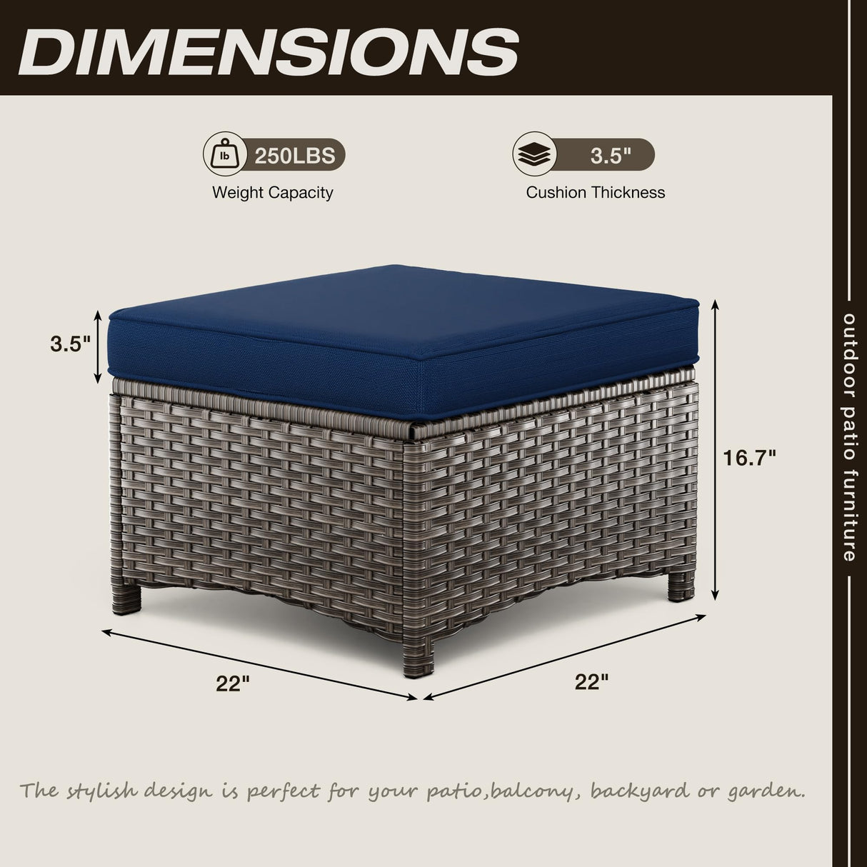 Joyside Outdoor Ottomans for Patio Set of 2 PE Wicker Steel Frame Outdoor Footstool with Removable Olefin Cushions for Garden, Patio, Backyard and Deck, Blue Joyside