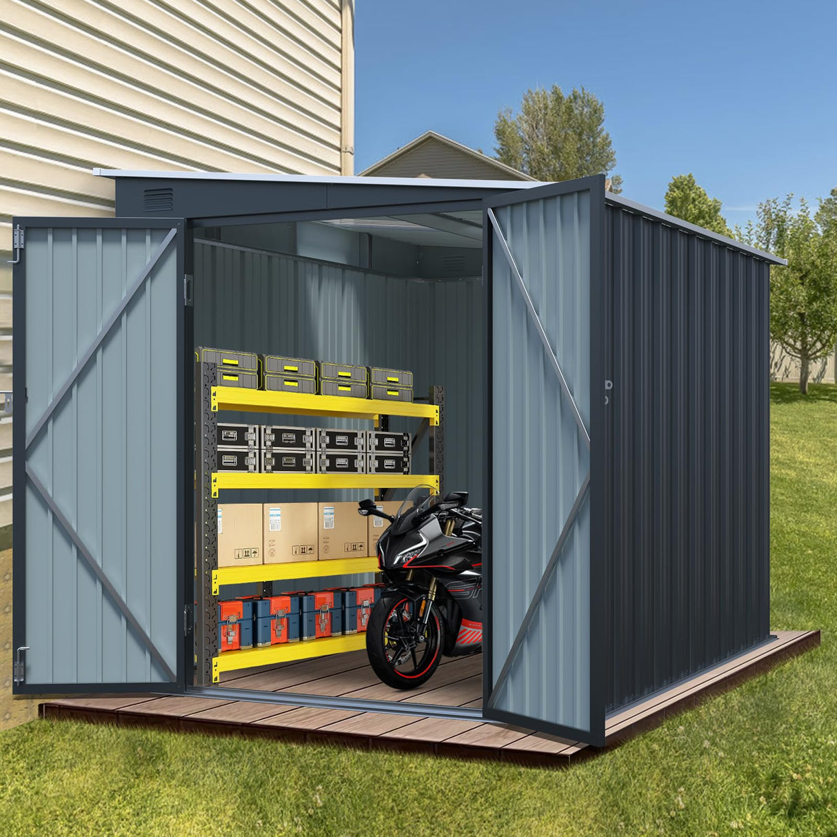 Jaxenor 6x8FT Outdoor Storage Shed with Lockable Double Doors, Metal Lean to Garden Shed with Free PC Light Board for Tools, Small Outside Storage Shed Waterproof for Backyard, Patio, Gift for Dad Jaxenor