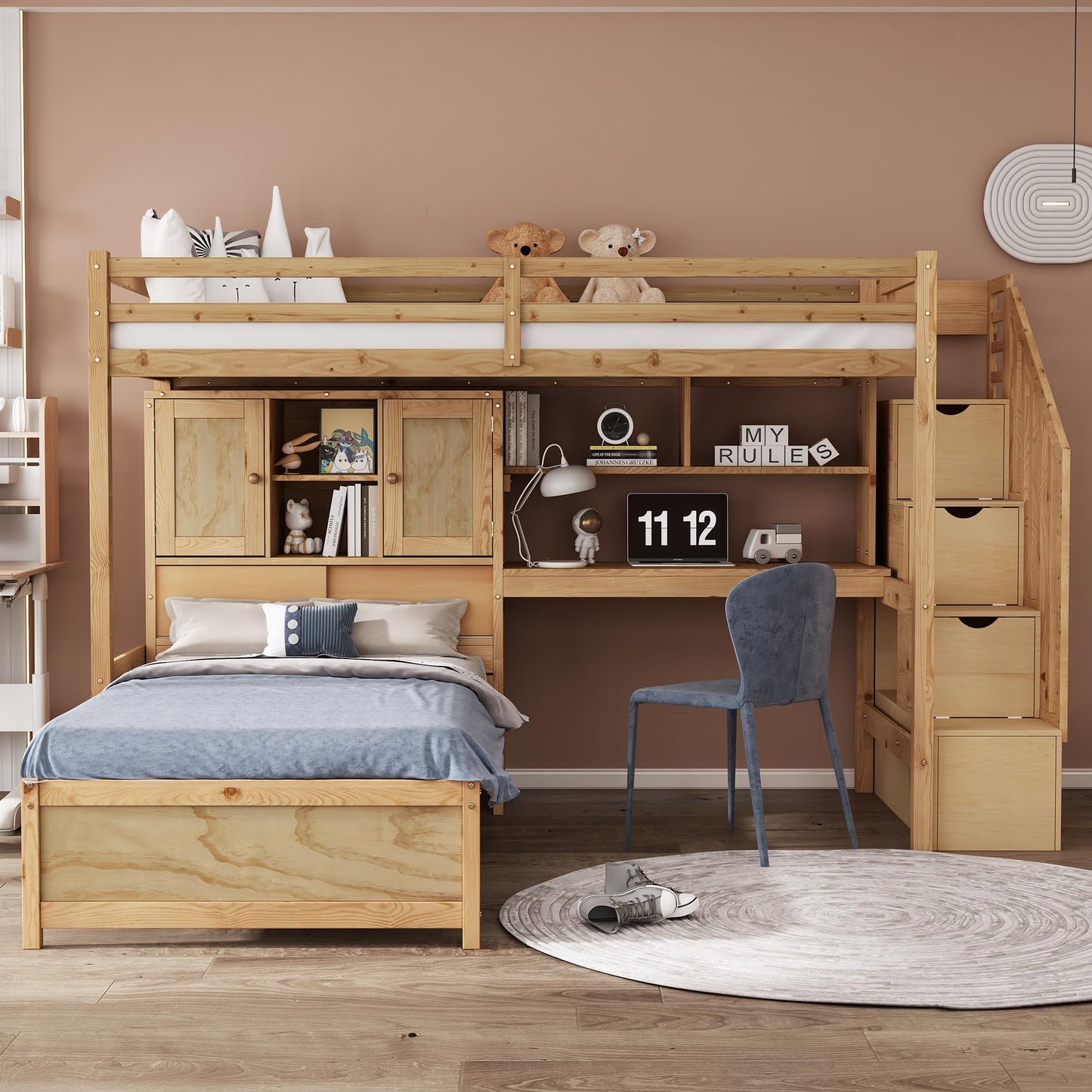 Harper & Bright Designs Twin Size Loft Bed with Built-in Desk and Staircase, Wood Twin Over Twin Bunk Bed with Storage Compartments and Shelves, L-Shaped Design, Natural