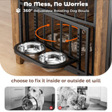 Lulive Dog Crate Furniture, Wooden Dog Kennel Indoor with Adjustable 360°& Height Dog Bowls, Double Doors Furniture Dog Crates End Table for Small/Medium 31.5" L*22.5" W*25.6" H, Brown Lulive