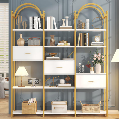 Semoic 83.5" Tall Arched Bookshelf, Triple Wide 6-Tier Large Open Book Shelf with 3 Drawers Storage, Etagere Bookcase with Display Shelf, Industrial Bookshelf with Metal Frame for Living Room, Gold Semoic