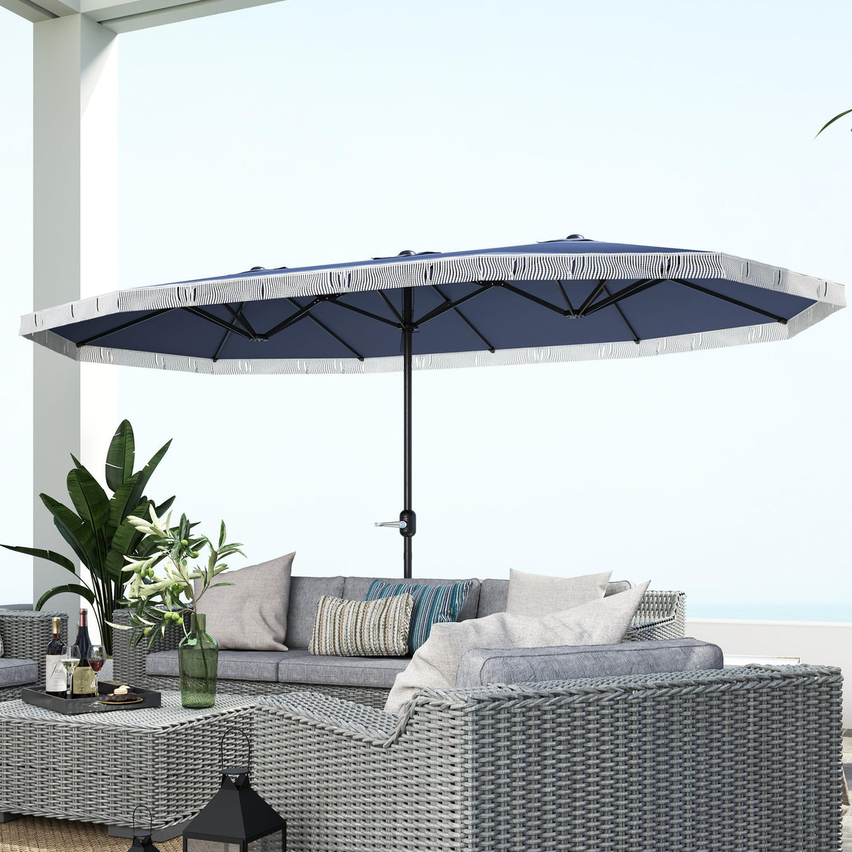 Outsunny 15ft Extra Large Patio Umbrella with Fringe, UPF30+ Double-sided Market Umbrella with Easy Crank Handle, 2 Vents for Garden Pool Lawn, Dark Blue Outsunny