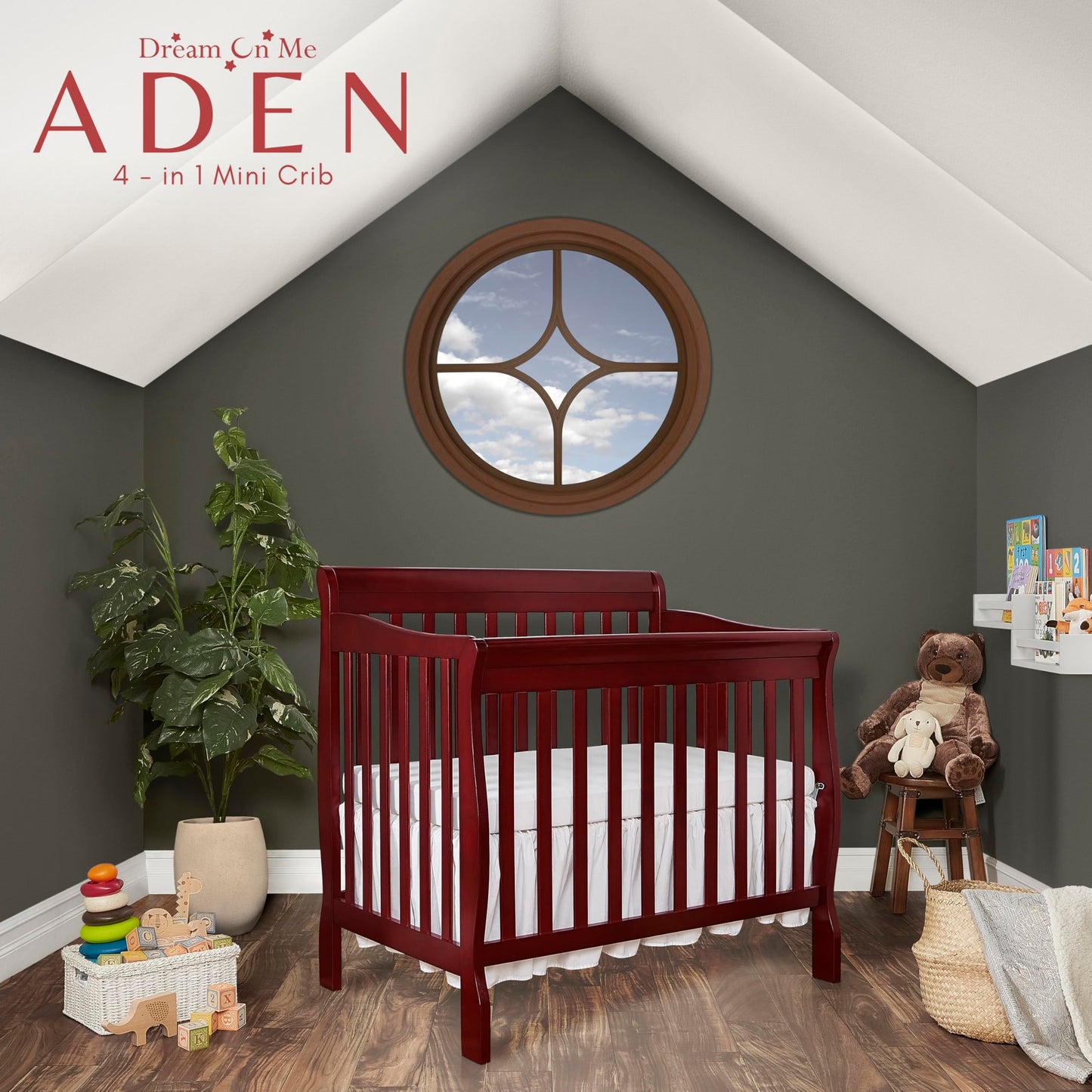 Dream On Me Aden 4-in-1 Convertible Mini Crib In Cherry, Greenguard Gold Certified, Non-Toxic Finish, New Zealand Pinewood, With 3 Mattress Height Settings