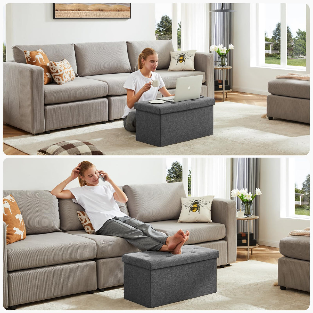 DUMOS 30in Foldable Storage Ottoman Bench, Storage Chest, End of Bed Foot Rest Stool with Padded Seat, Bedroom Bench for Living Room, Support 660lbs DUMOS