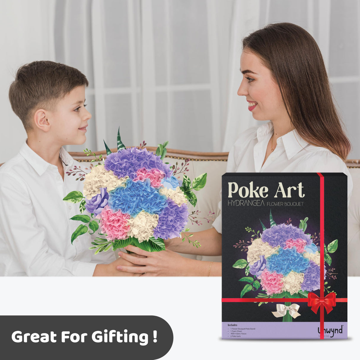 Unwynd Poke Art Hydrangea Flower Bouquet, Mess-Free Sewing Fabric Arts & Crafts for Adults, DIY Flower Bouquet Kit, Birthday Gifts for Women, Activity Craft Kit for Adults & Teens, Hobbies for Moms Unwynd