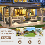 EROMMY 12'x16' Gazebo Polycarbonate Double Roof Pavilion Gazebo Outdoor Aluminum Frame Canopy with Netting and Curtains for Garden Patio Lawns Parties EROMMY