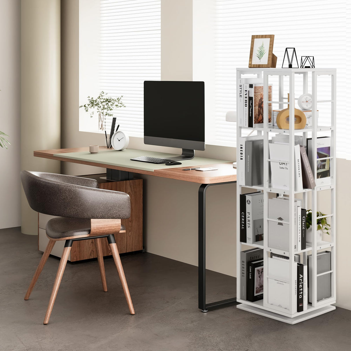 Rengue Rotating Bookshelf, 4-Tier 360 Revolving Bookcase Spinning Bookshelf Square Corner Bookshelf Organizer Storage Rack for Small Space,Bedroom, Study Room, White Rengue