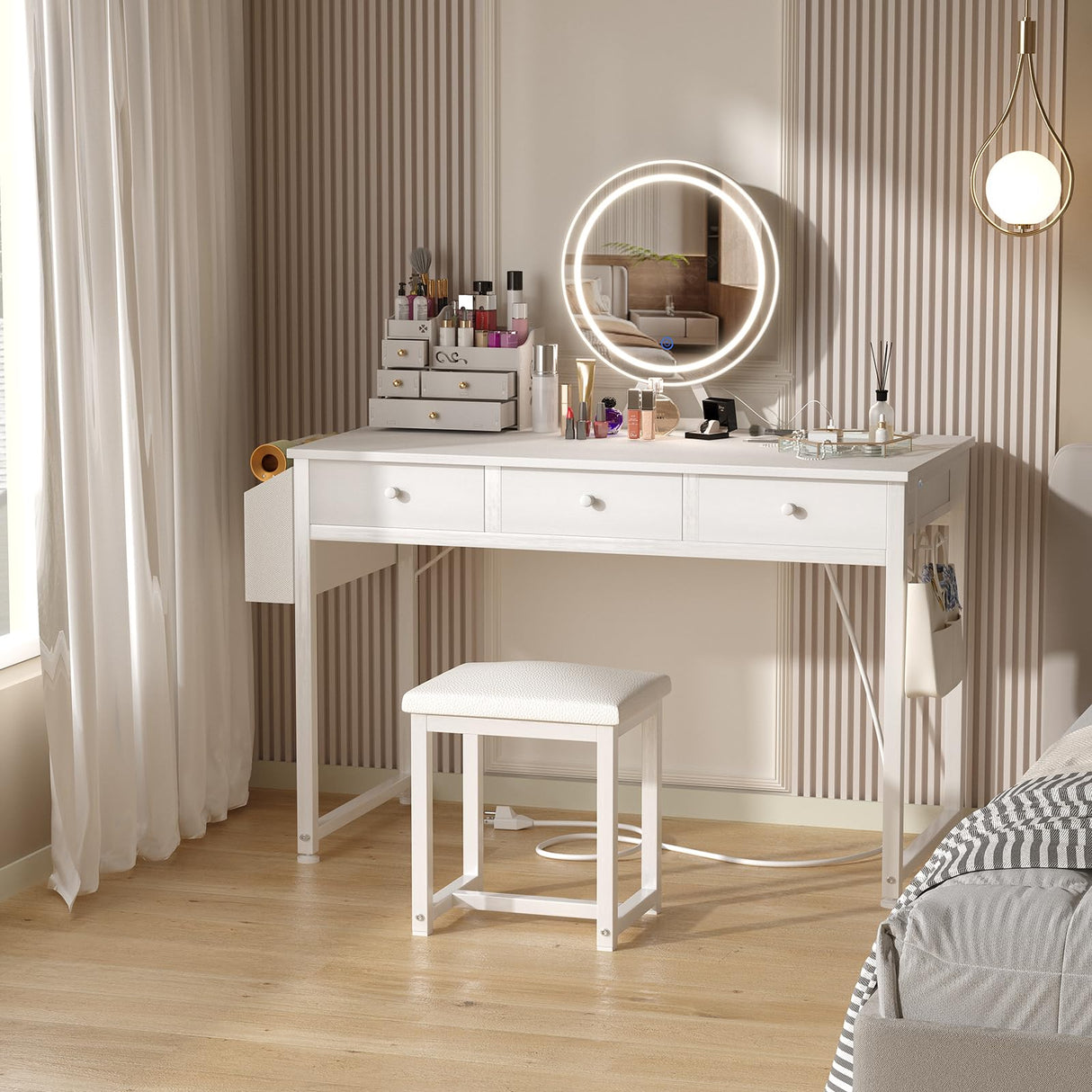 Lufeiya White Makeup Vanity Desk with Mirror and Lights, 40 inch Make Up Vanity Desks with Fabric Drawers & Power Outlet, Dressing Table and Chair Set for Girls Bedroom, White Lufeiya