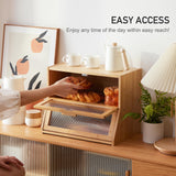 GHWIE Double Layer Bamboo Bread Box for Kitchen Counter,Large Capacity Bread Storage Bin,Bread Container with Acrylic Wavy Door Panel,Natural GHWIE