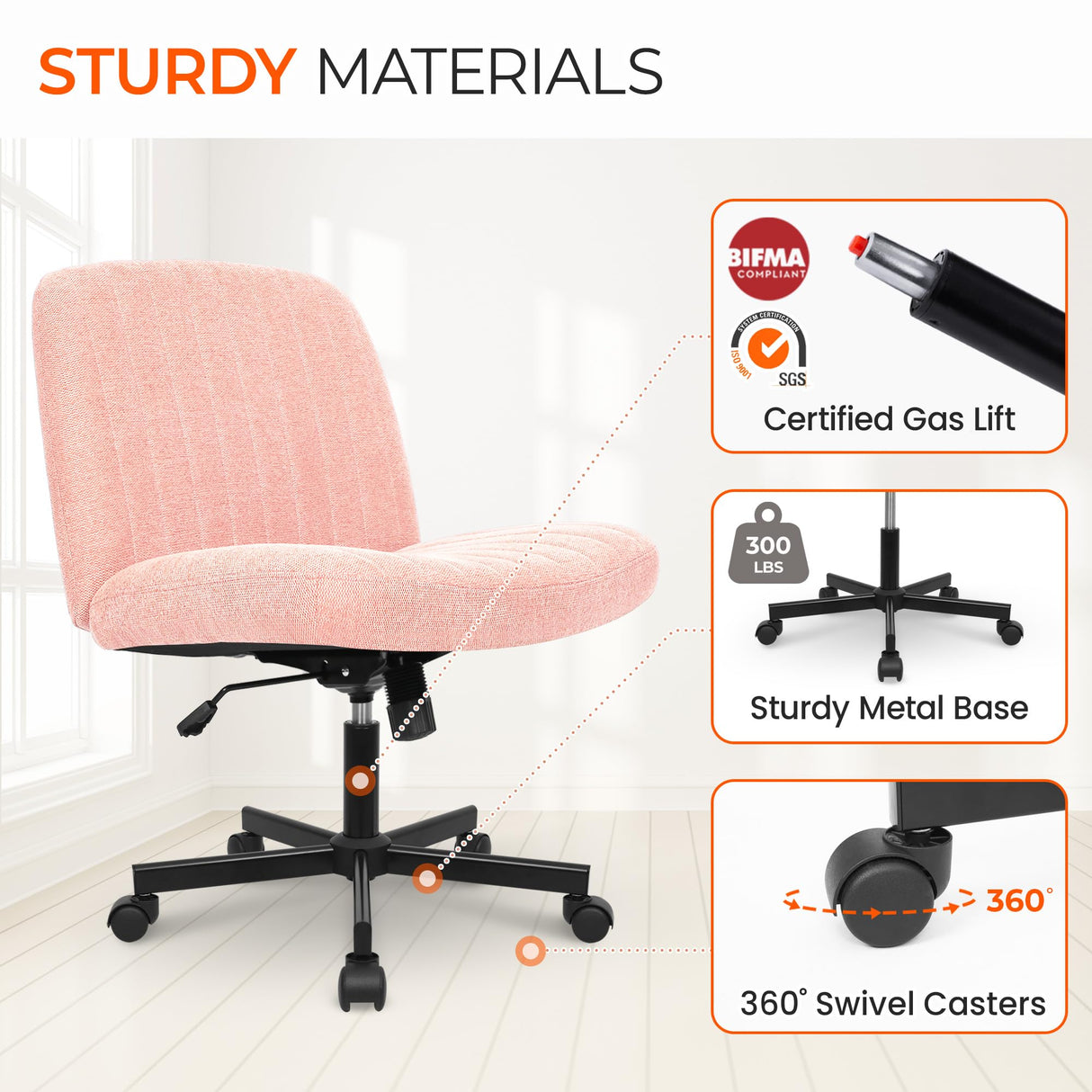 Orange Factory Criss Cross Chair with Wheels, Armless Cross Legged Office Desk Chair, Wide Comfy Vanity Rolling Swivel Modern Comfortable Fabric Computer Task Chairs for Home Office (Pink) Orange Factory