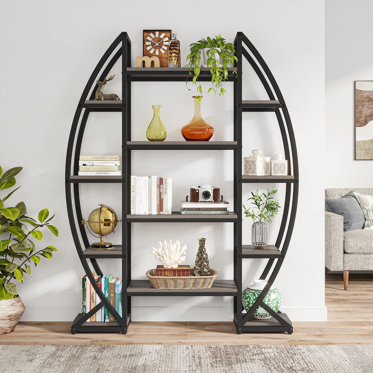 Tribesigns Industrial Elegant Oval 5-Tier Bookshelf in Grey - WoodArtSupply