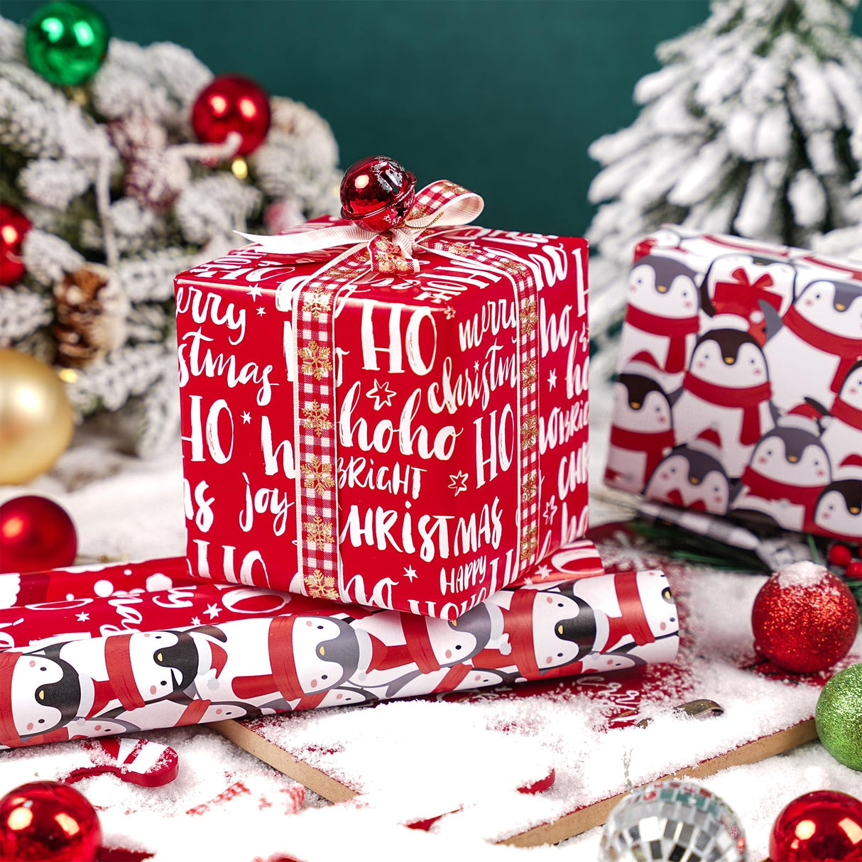 LeZakaa Christmas Wrapping Paper Roll - Mini Roll - 3 Rolls - 17 Inch X 120 Inch Per Roll - Red & White Penguins, Ho, Santa Claus, Christmas Elements Holiday Collection LeZakaa