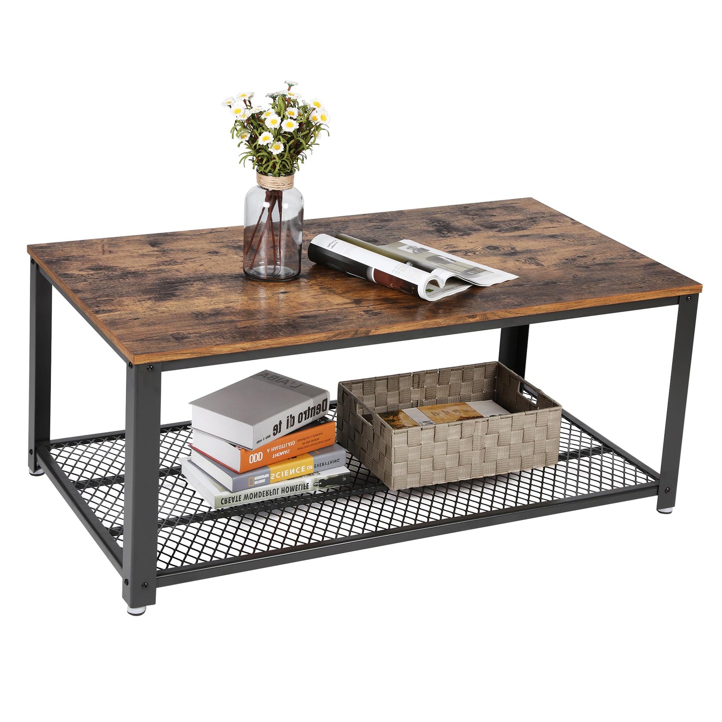 VASAGLE Coffee Table for Living Room, 2-Tier Cocktail Table, Center Table with Mesh Shelf, Steel Frame, Adjustable Feet, Industrial Style, Rustic Brown and Black ULCT61X - WoodArtSupply