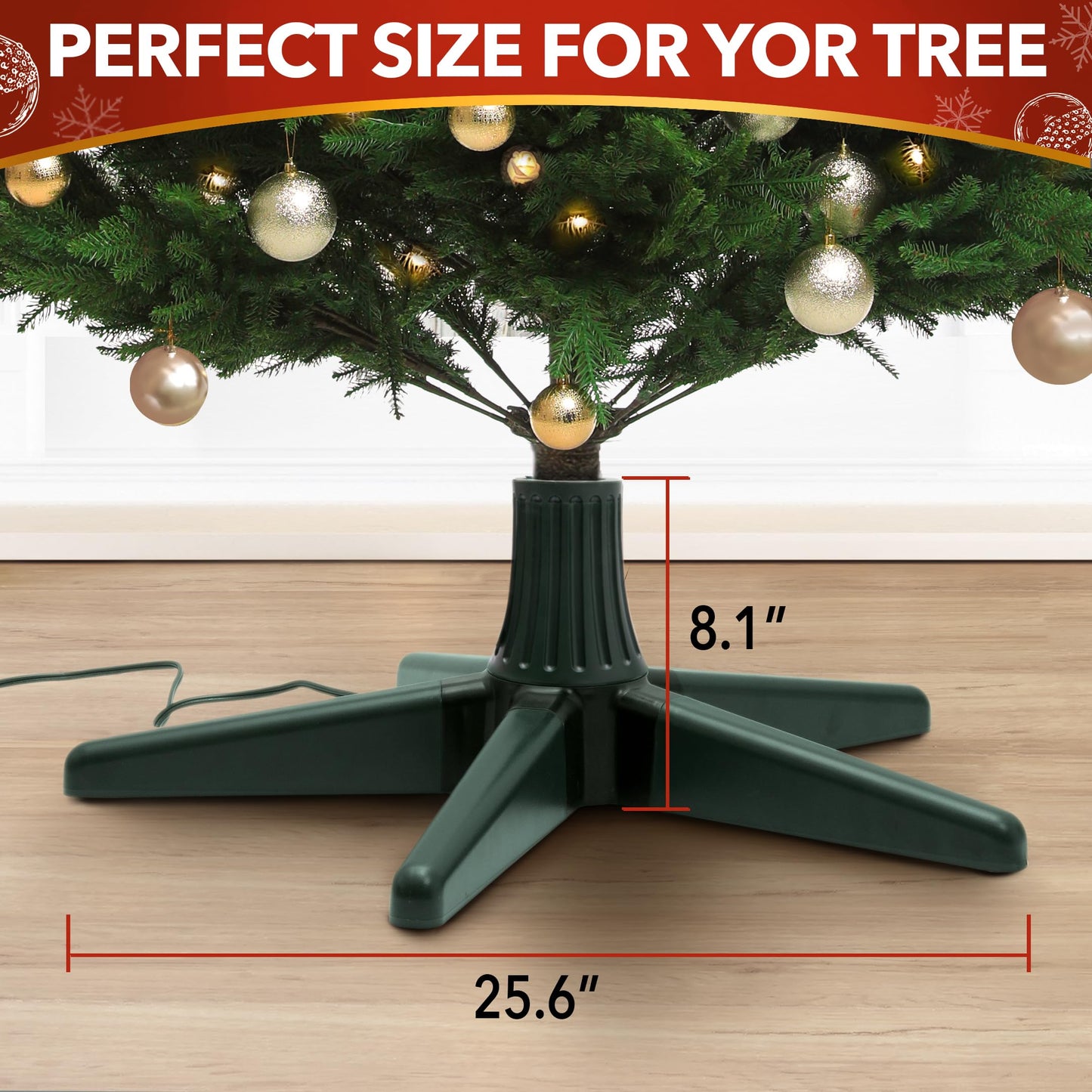 Stephan Roberts Rotating Christmas Tree Stand with 360° Rotation, 5 Legs, 3 Power Outlets, 3 Adjustable Size Attachments, 3-Setting Switch – Stable & Durable Holiday Tree Base (Green)