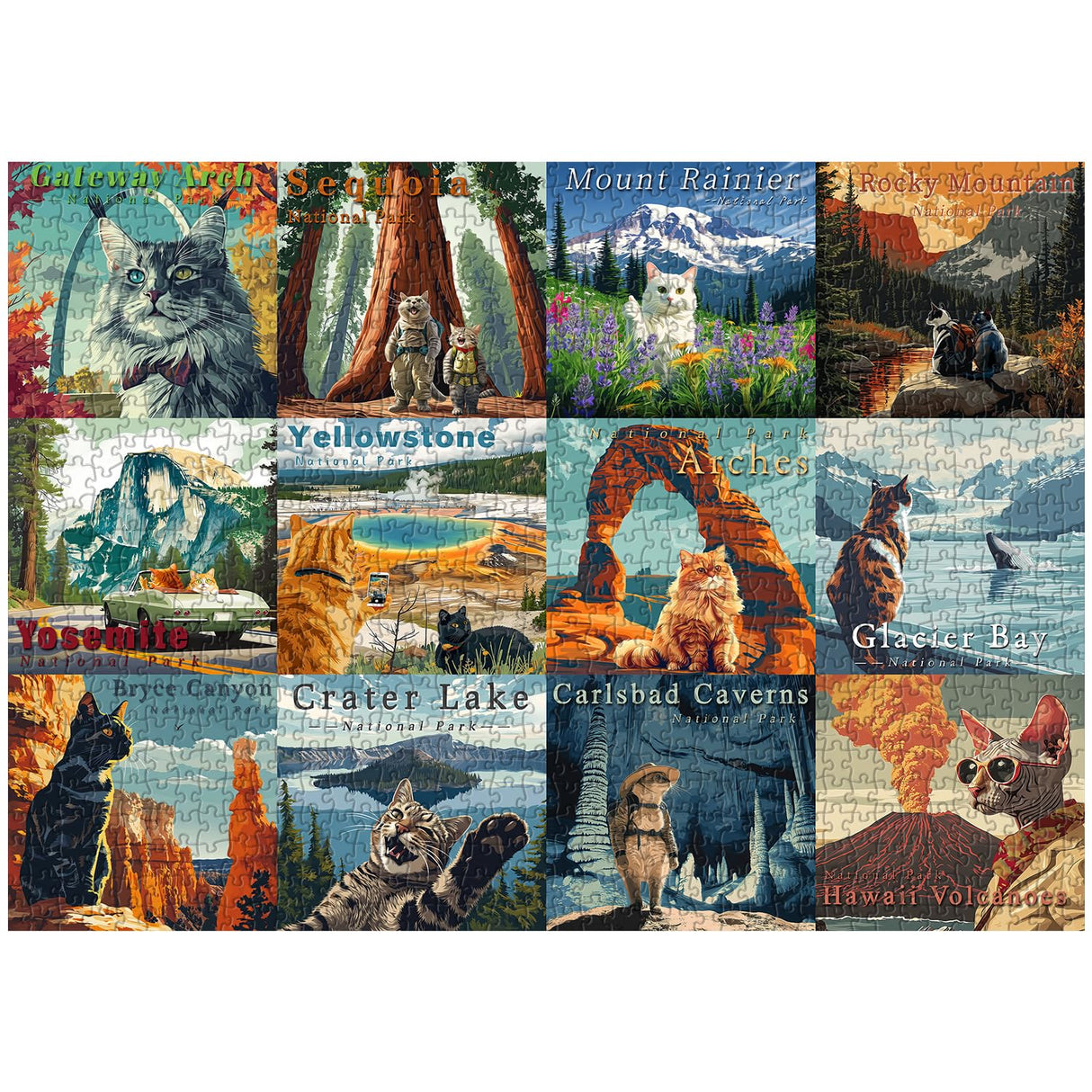 Cat Puzzles for Adults 1000 Pieces and up, National Parks Puzzle Series Kitty Travels Yellowstone Glacier, PICKFORU Funny Cat Jigsaw Puzzles as Home Decor PICKFORU
