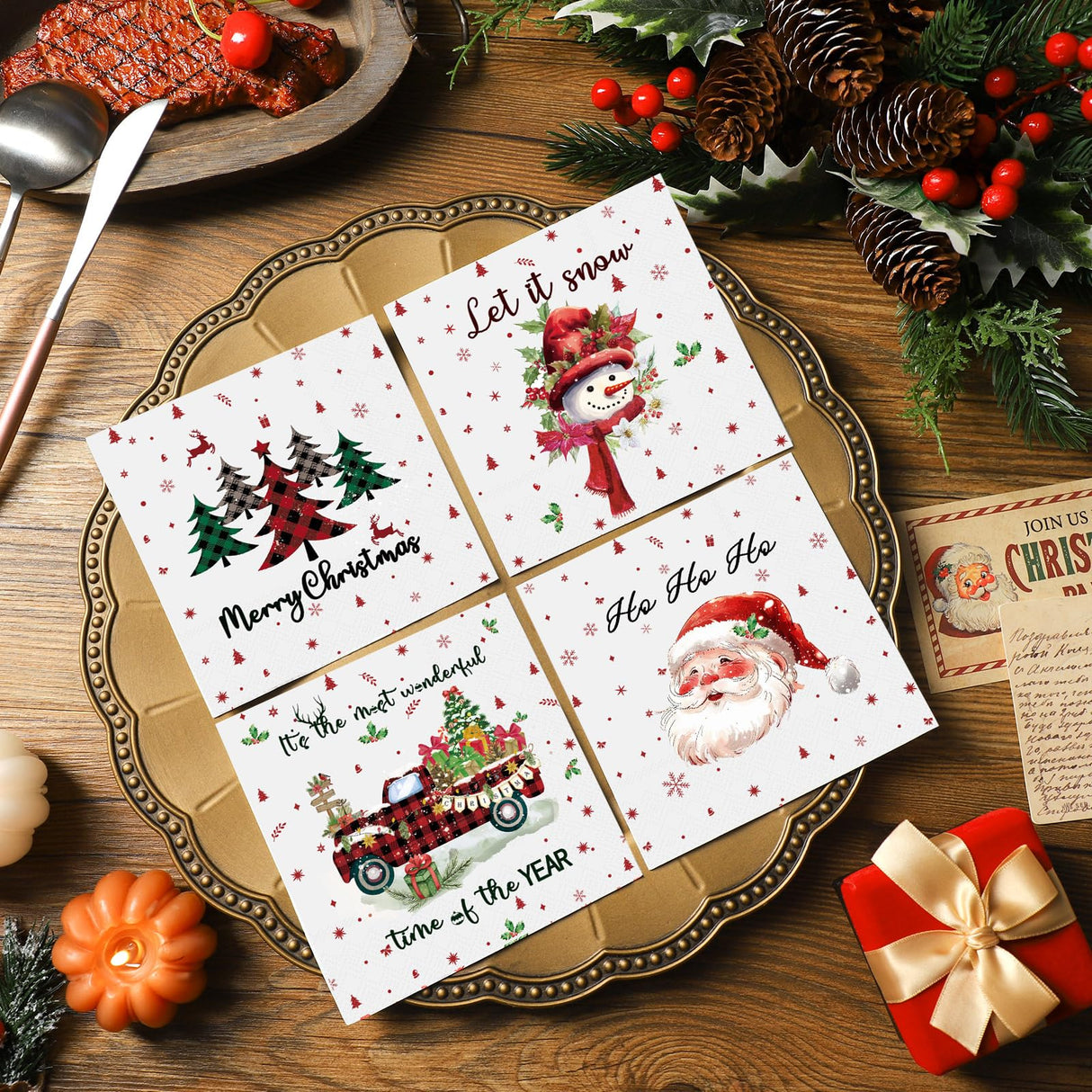 Fulmoon 200 Pcs Christmas Cocktail Paper Napkins Disposable 2 Ply Santa Beverage Napkins Decoupage Xmas Tree Towel for Christmas Party Dinner Table Supplies (Classic Style) Fulmoon