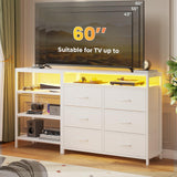 HAUOMS TV Stand with LED Lights for 60 Inch TV,Entertaiment Center with Charging Station,White L Shaped Corner TV Stand with Drawers & Shelves,6 PU Drawers,TV Stand Dresser for Bedroom HAUOMS