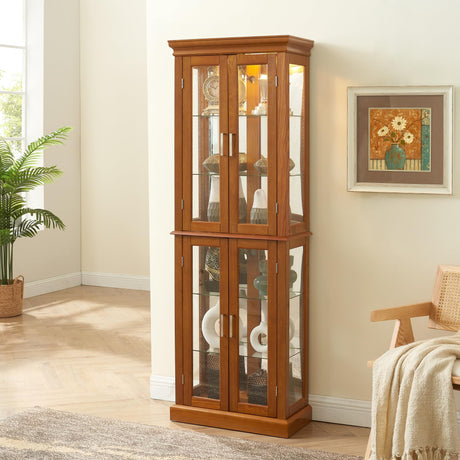 70" Lighted Curio Cabinet with Tempered Glass Doors - Oak Wooden Curio Cabinet for Collectibles, China & Antiques, Adjustable Glass Shelves, Lockable, Mirror Back E26 Bulb Not Included Anveffeg