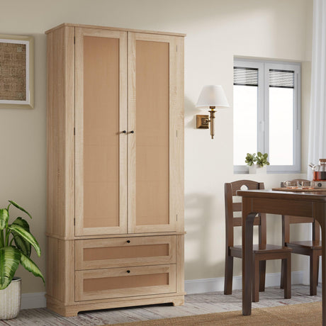 MELLCOM 70" Tall Storage Cabinet with Adjustable Wine Rack, Rattan Pantry Cabinet with Drawers & Shelves, Boho Freestanding Cupboard for Kitchen, Dining Room, Living Room, Natural MELLCOM