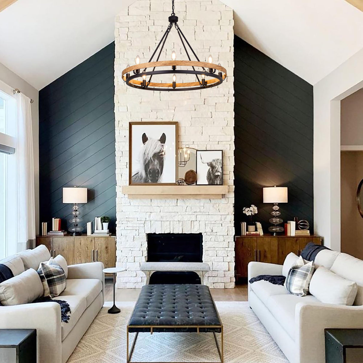 Wellmet Rustic Chandelier, Wood Painted Chandelier, 8-Light Farmhouse Wagon Wheel Chandelier for Living Room, Dining Room, Bedroom, Corridor, Hallway, Entryway Wellmet