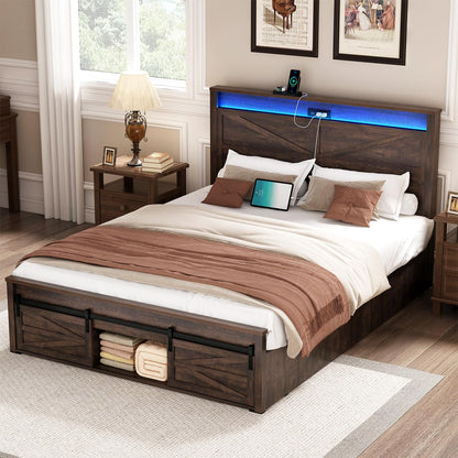 Hlivelood Rustic Farmhouse LED Queen Bed Frame with Sliding Barn Door Storage & Charging Station - WoodArtSupply