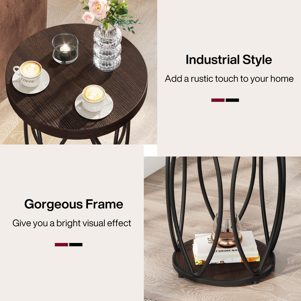 Tribesigns Round Side Table, Small End Table with Storage Shelf, Industrial Accent Bedside Table Couch Table with Metal Frame for Living Room, Bedroom (2) Tribesigns